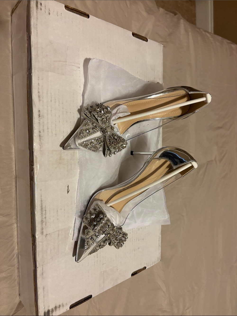 Silver Pointed Toe Embellished Bow Pumps - Women's
